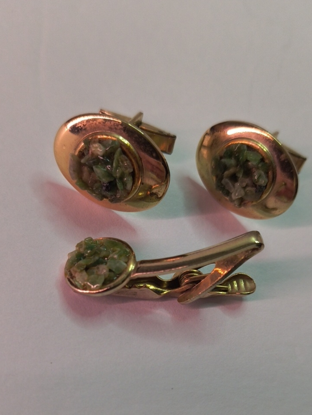 VTG Jade/Jadeite Stone Chips Cufflinks and Tie Clip Set MCM Men's Style